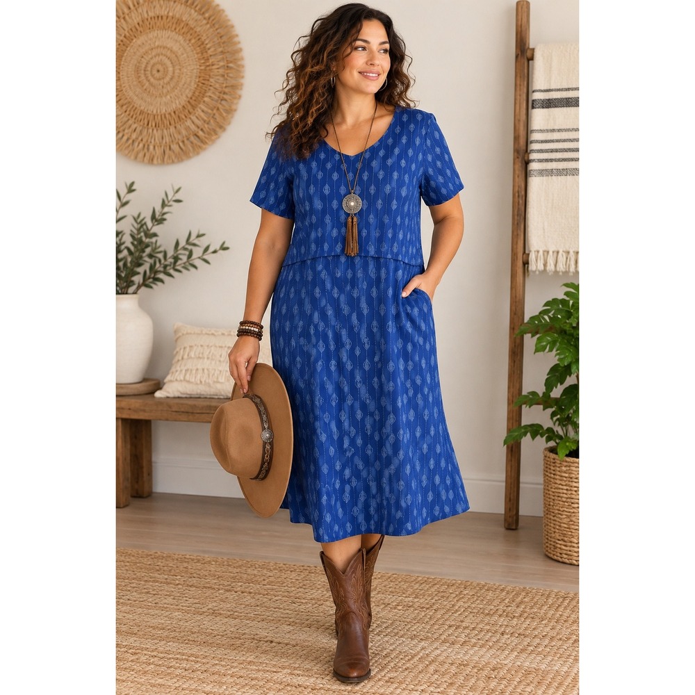 Duluth Trading Co NoGA  Blue Geometric Print V-Neck Midi Dress Boho Casual L